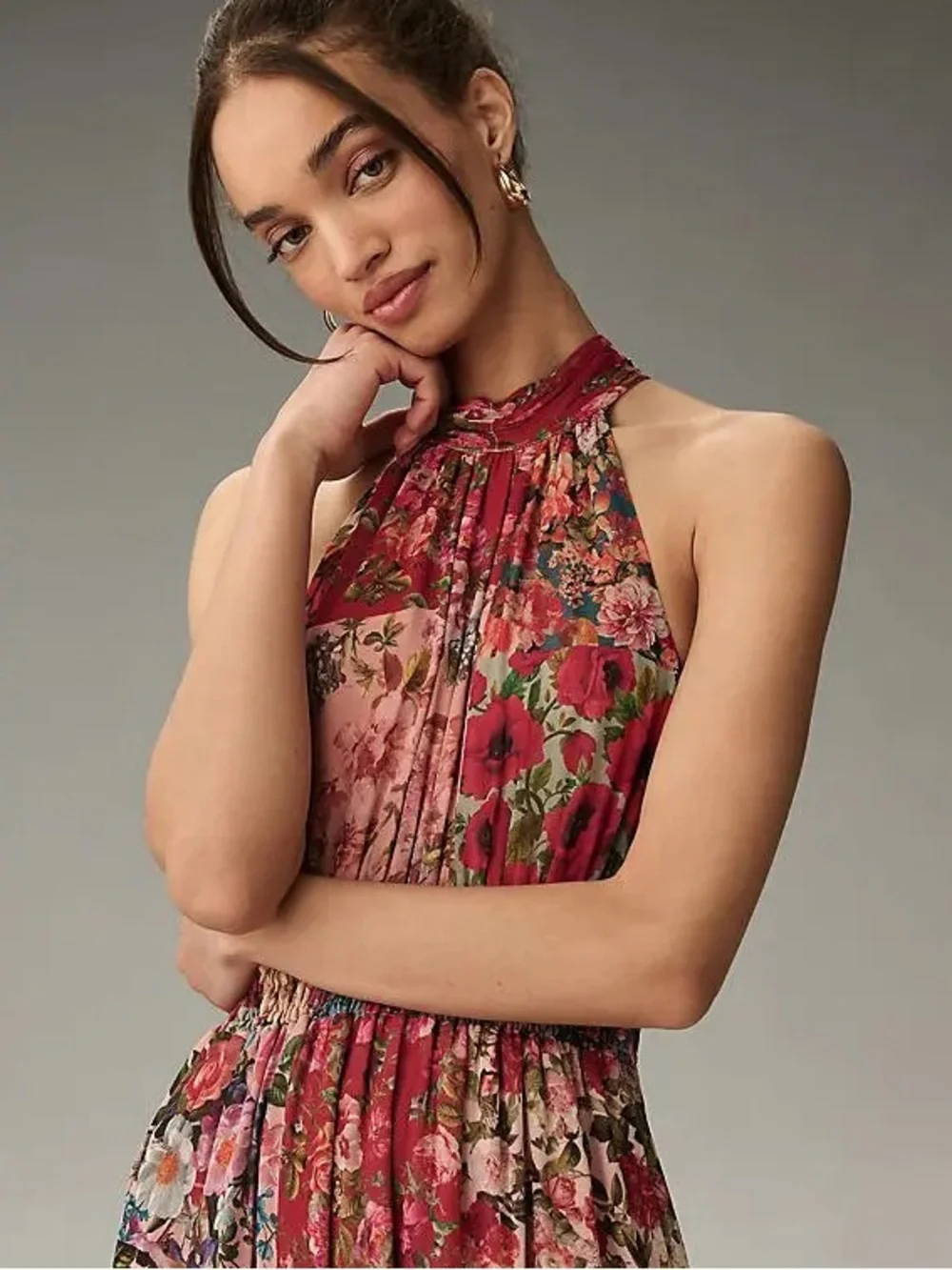 Anthropologie Boho Chiffon Maxi Dress Floral Patchwork Halter Smocked size L_3